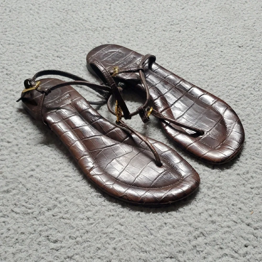 Tory Burch Women's Brown Croc-Embossed Leather T-Strap Sandals Size 6.5